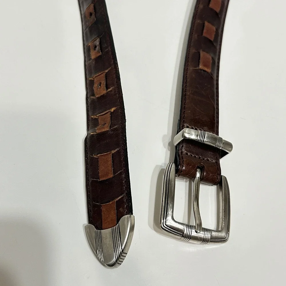 Mens Leather Woven Belt Silver Buckle Brown Size 42 Classic Dressy Western 0.75